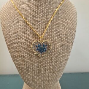 Gold Heart Pendant Necklace with Blue Floral Design
